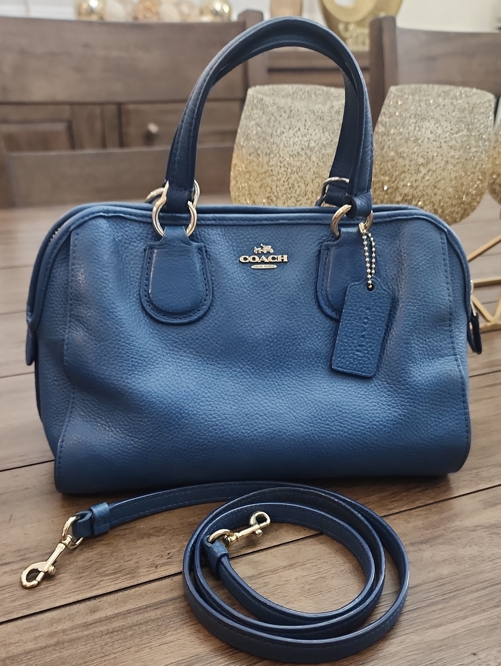 Coach Blue Pebbled Leather Dome Satchel with Removable Strap